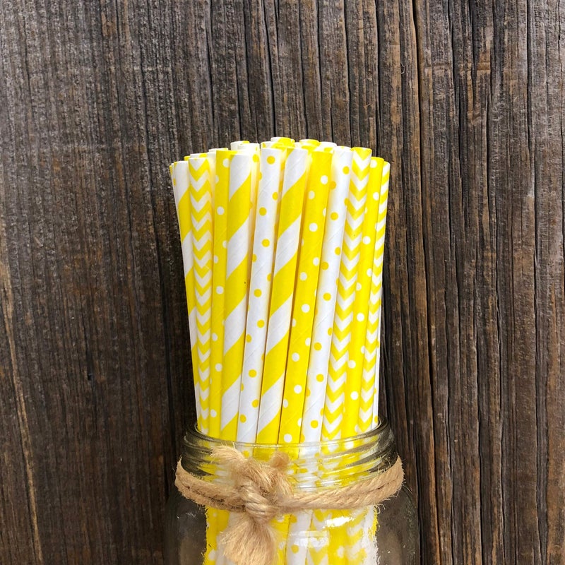 Outside the Box Papers Yellow and White Paper Straws - Stripe Chevron Polka Dot - 7.75 Inches - Pack of 100 - Outside the Box Papers Brand - Image 4